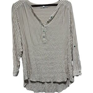 Jane Delancey Blouse Womens 1X Beige Stripe Roll Tab Sleeve Crinkle Relaxed Top